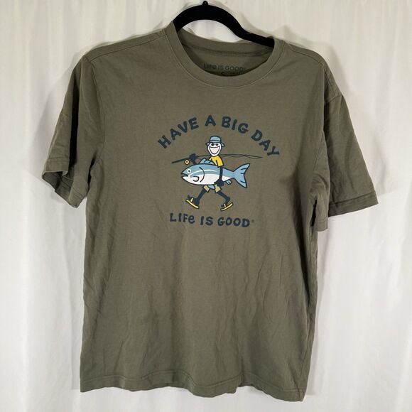 Life Is Good Shirt Men's Small Green Short Sleeve Fishing Crew Neck - Picture 1 of 9